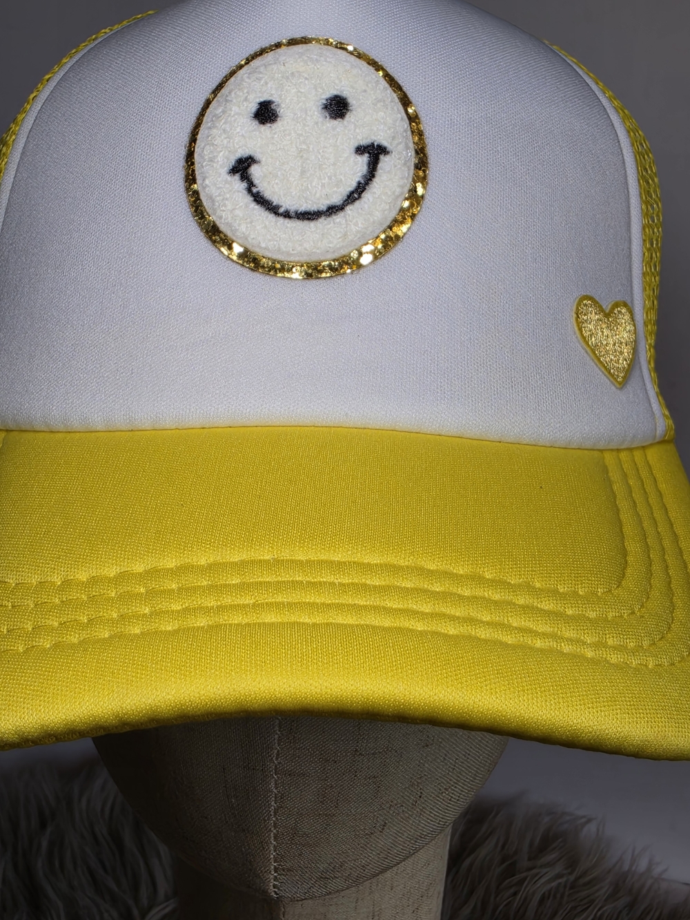 90s Inspired Woman's Yellow & White Trucker Hat With Gold Glitter Accent